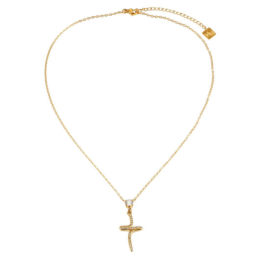 CRISTO Gold: Dainty Chain Necklace with a Zirconia Embedded Abstract Textured Cross Pendent
