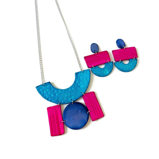 Wide Statement Earrings in Turquoise, Denim Blue & Pink