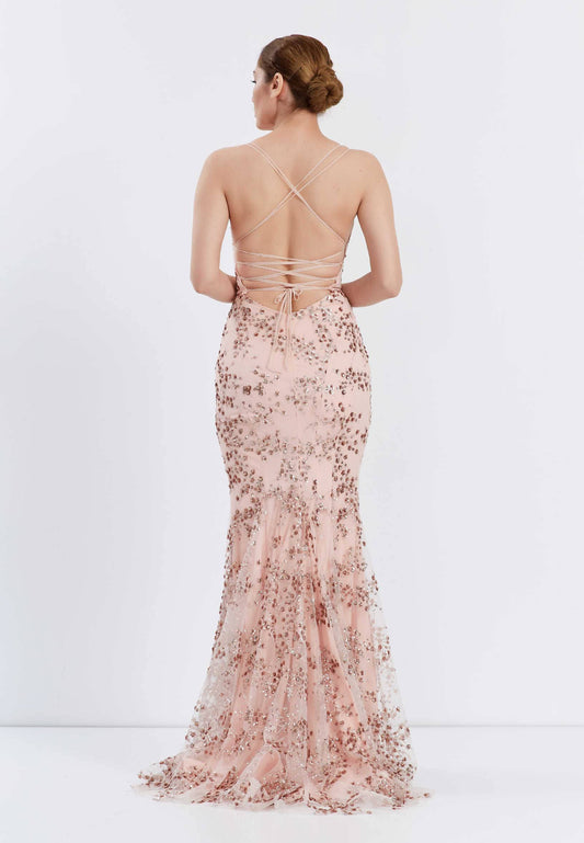 Backless Maxi Tulle Floral Sequins Mermaid Wedding Guest Dress - Rose Gold