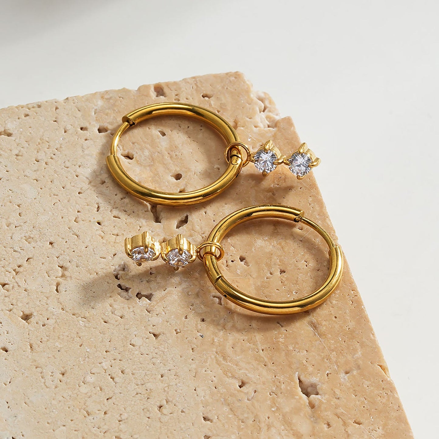 MORTAINA Gold: Retro Inspired Mini Hoops with Duo Zirconia Charms