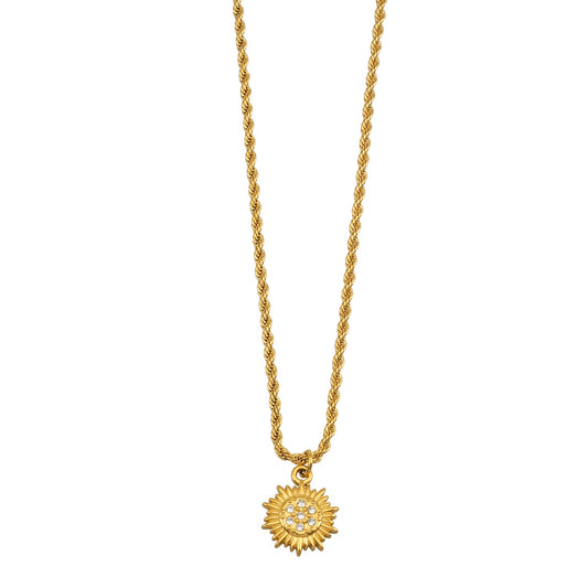 ISA Gold: Rope Chain Necklace with Pavé Zirconia Radiant Sun Pendant