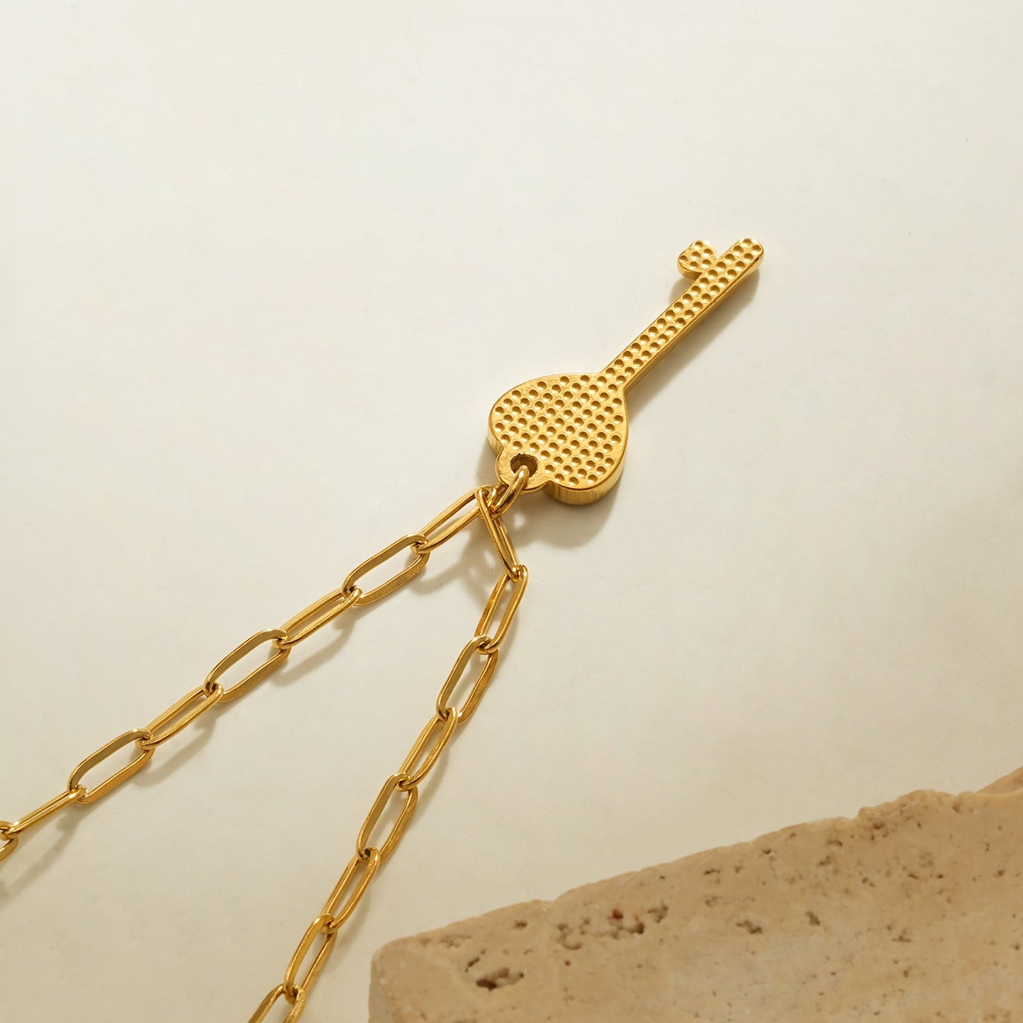 JAZRINA Gold: Pavé Key & Heart Pendant on a Paper Clip Chain Necklace
