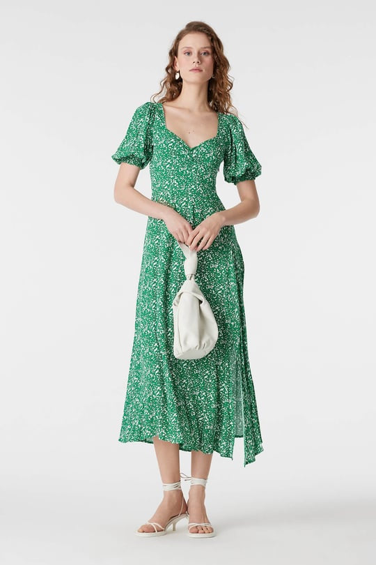 Green Puff Sleeve Floral Midi Dress with Side Slit β Summer Day Dress