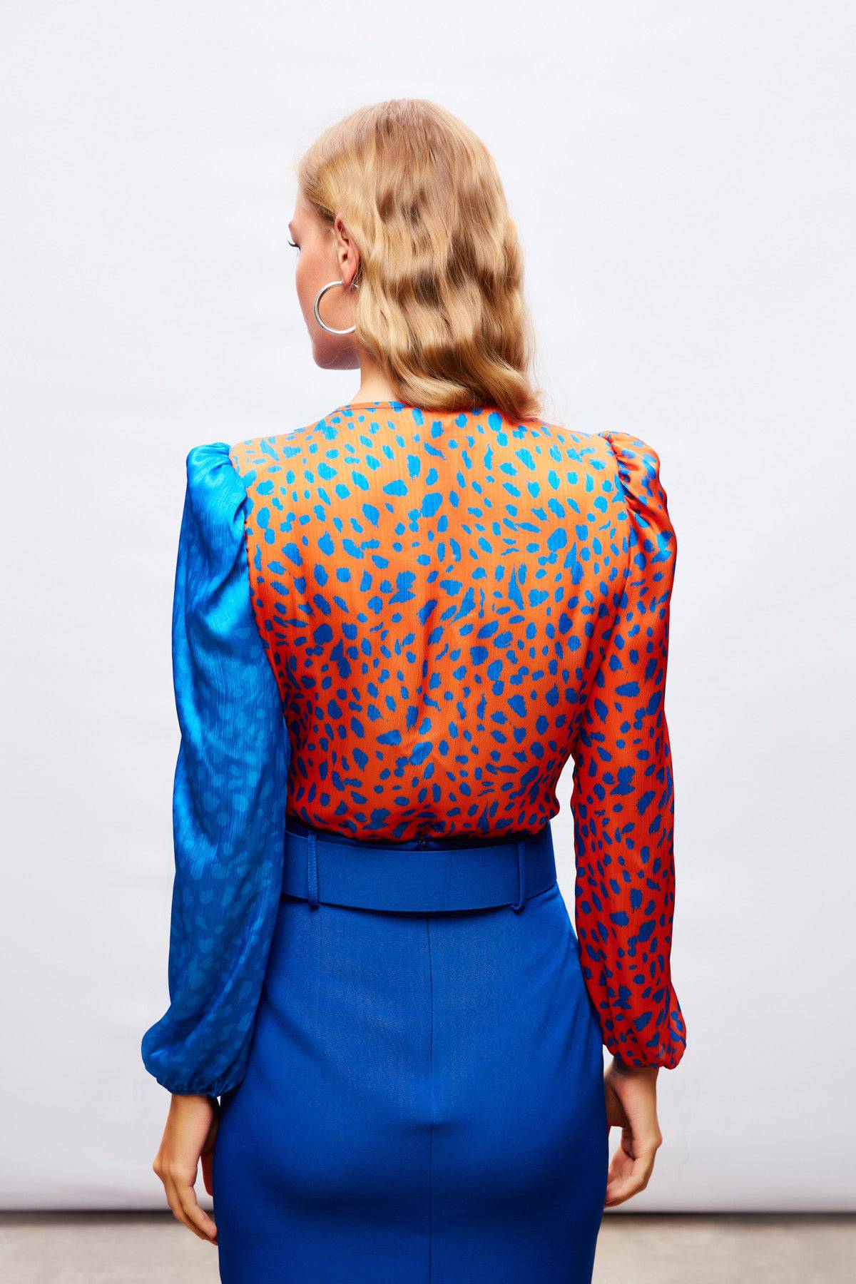 Silk Double-Breasted Patterned Bodysuit - Blue and Orange