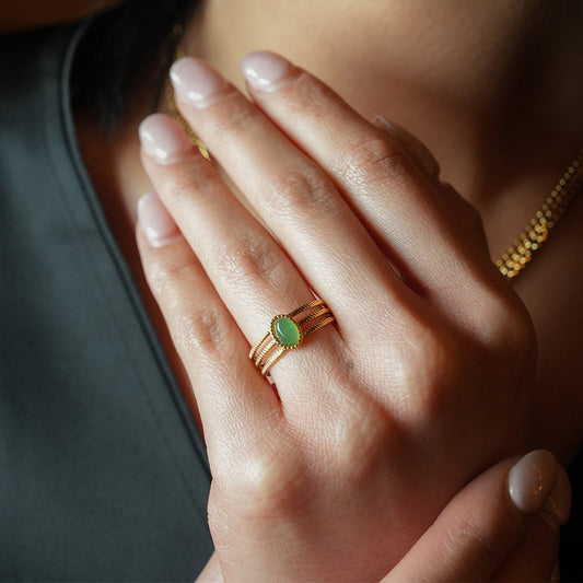 ELMARIE: Triple Banded Textured Ring with Green Aventurine Stone Centre Piece