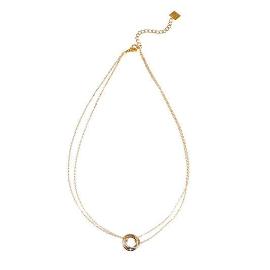 ELVIRA Mixed Metals: Double Chain Dainty Necklace with Intertwined 3-Ring Pendant – Symbol of Love, Unity & Eternity
