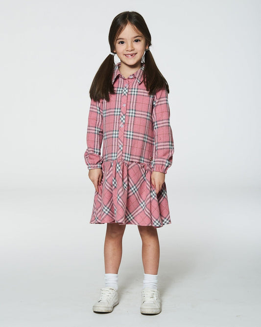 Flannel Shirt Dress With Frill Pink Plaid