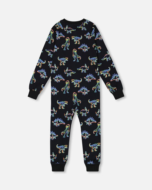 Organic Cotton One Piece Pajama Black Printed Neon Dino