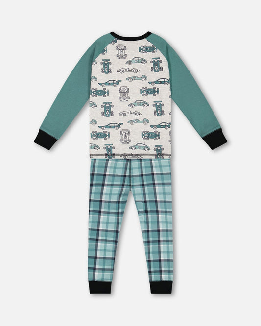Organic Cotton Two Piece Pajama Set Green Printed Cars