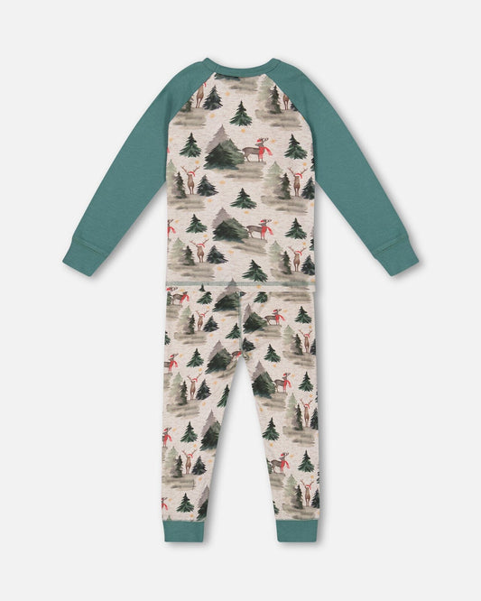 Organic Cotton Two Piece Pajama Set Gray Mix And Green Printed Reindeer
