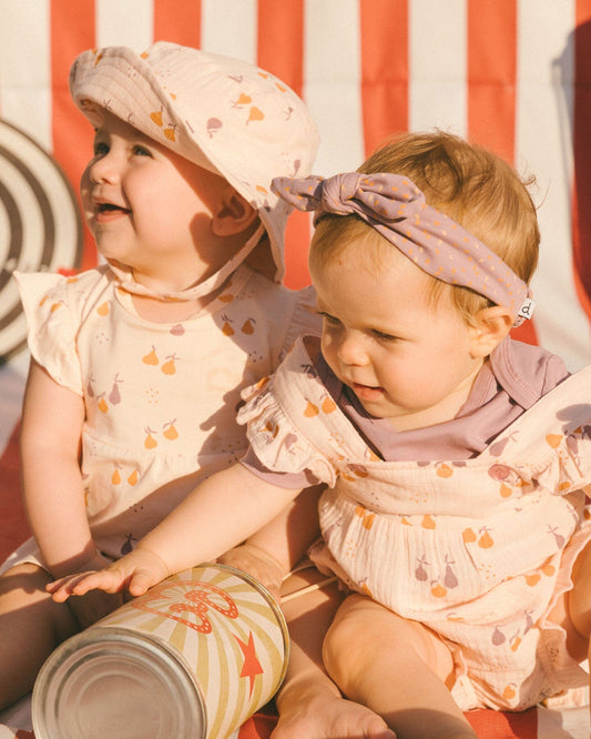 Printed Muslin Shortall And Organic Cotton Onesie Set Peach With Pears