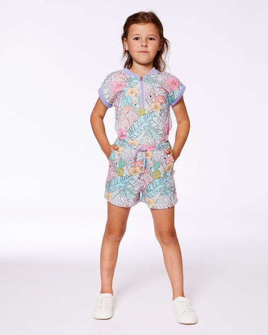 Printed French Terry Romper Lilac Tropical And Pink Flamingos