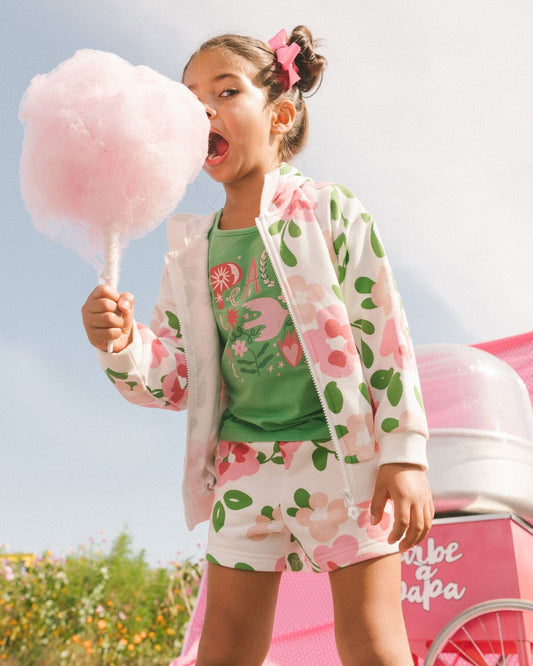 Printed French Terry Short Pink Flowers On White Background