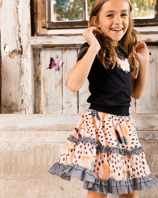 Printed Ruffle Skirt Black And Pink Butterflies