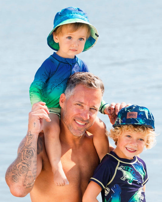 Printed Long Sleeve One-Piece Rashguard Vibrant Blue And Green Dino