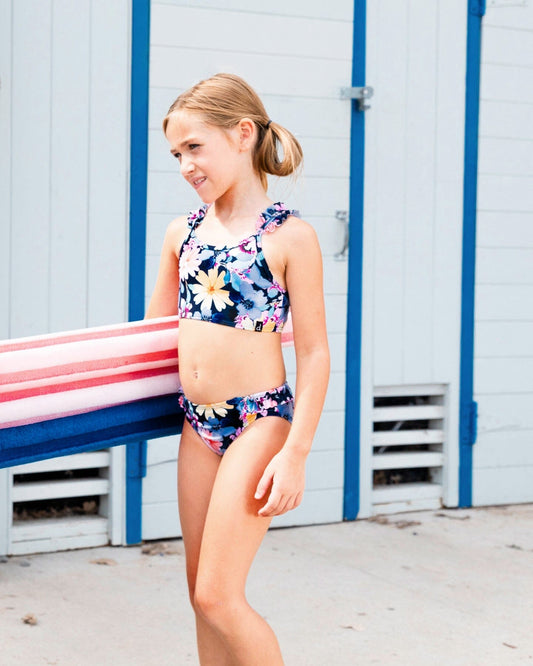 Printed Two-Piece Swimsuit Navy And Yellow And Pink Flowers