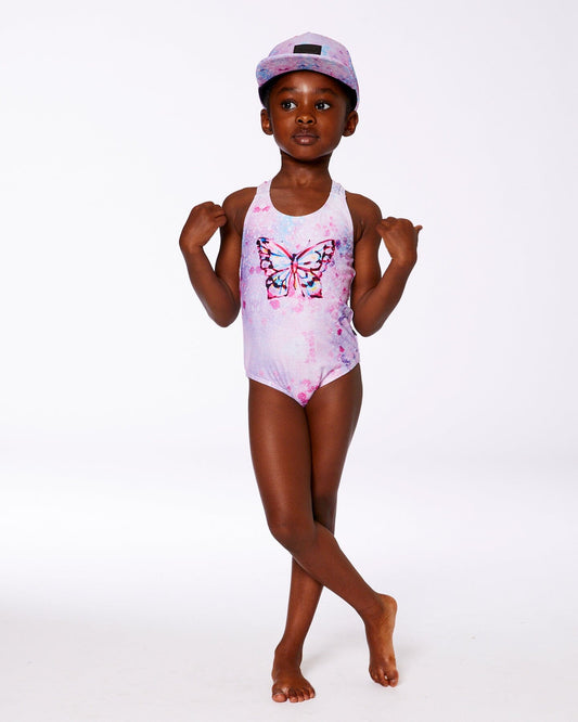 Printed One-Piece Swimsuit Pink Butterflies With Bubble Effects