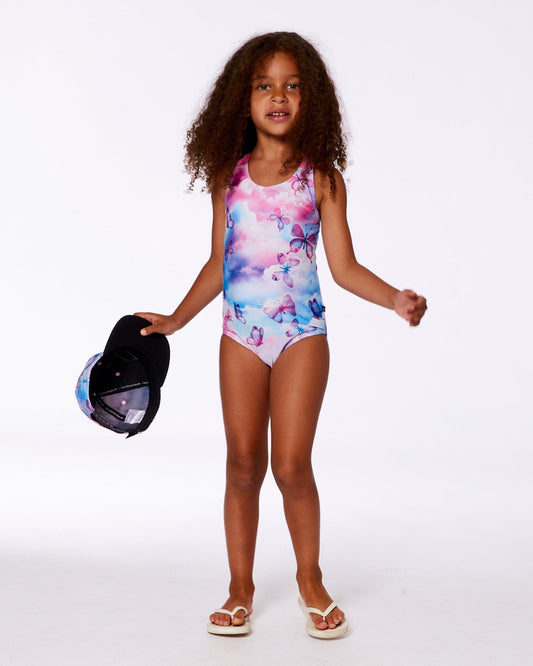 Printed One-Piece Swimsuit Butterflies On Multicolored Background