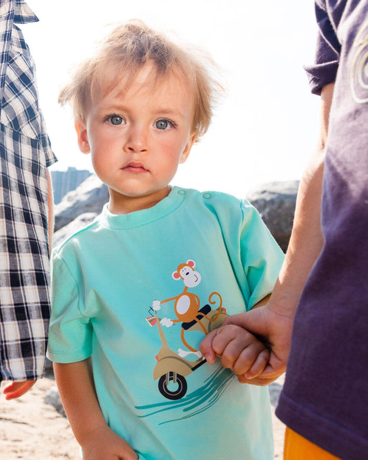 Two-Piece Top And Short Set Monkey On Navy And Turquoise Moped