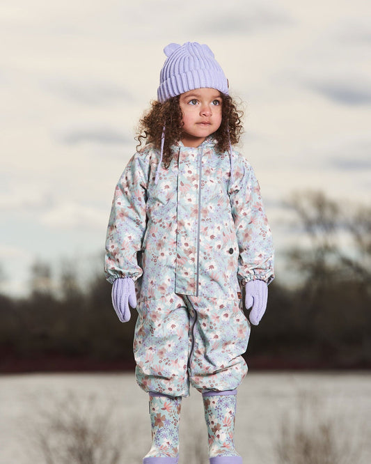 Baby Printed Mid-Season One-Piece Outerwear With Hat Small White Flowers On Turquoise And Lilac