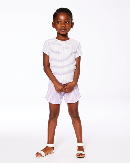 Crinkle Top With Applique White Checkered Lilac