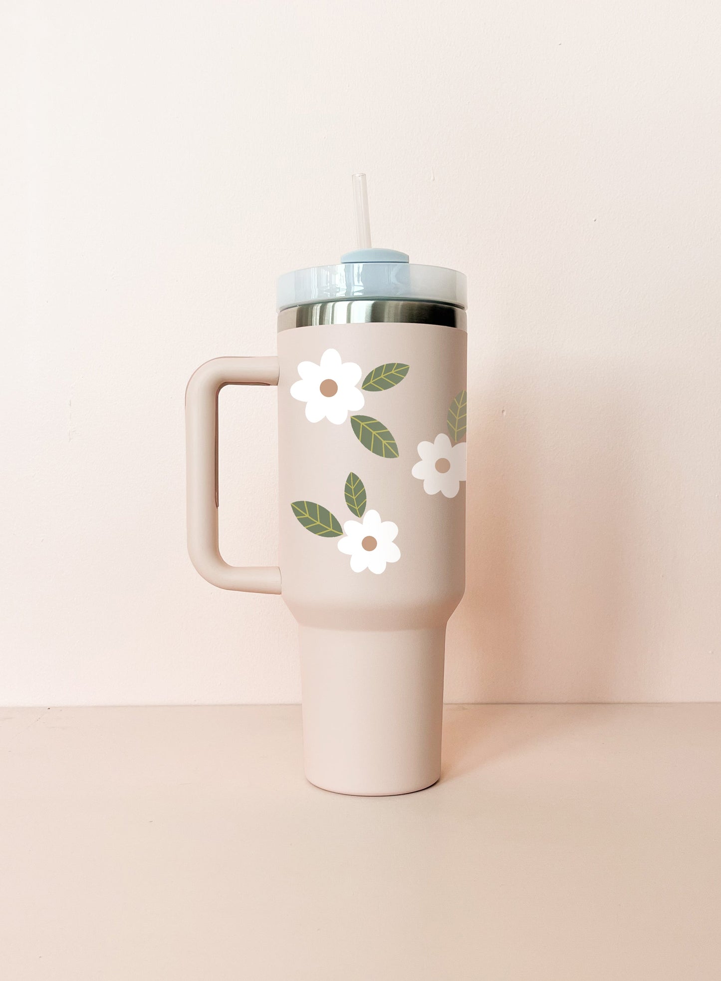 Gobelet isotherme 40oz - rose pâle Fleurs maxi blanches