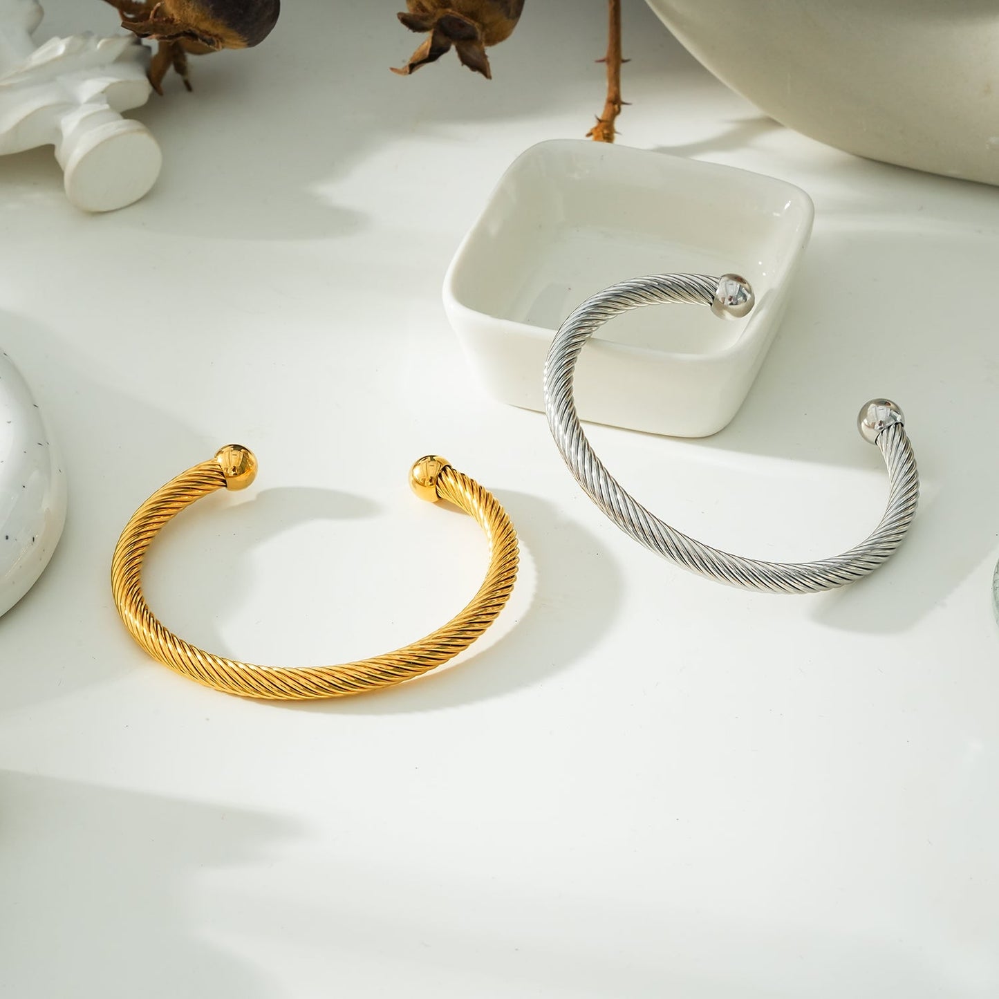 GOCHAR: Contemporary Elegance - White Gold ( Silver Toned) Bracelet with Surface Lines & Ball Bead Accents