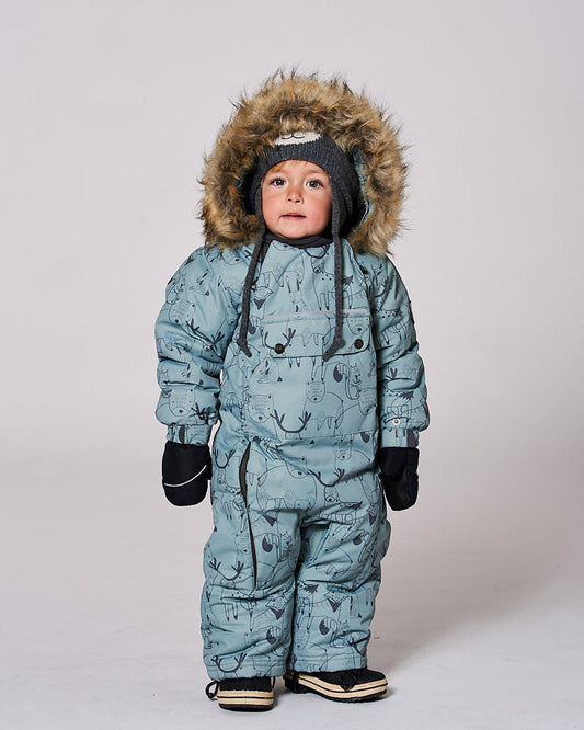 One-Piece Baby Play Snowsuit Designed For Car Seat Sage Animal Print
