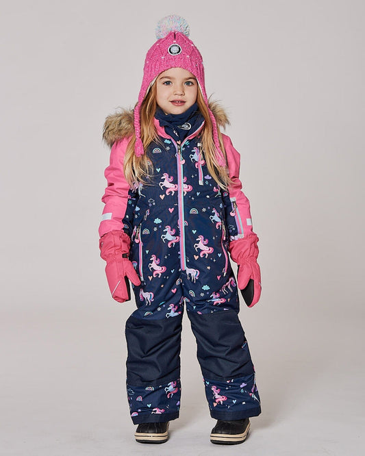 One-Piece Play Snowsuit Navy Unicorn Print