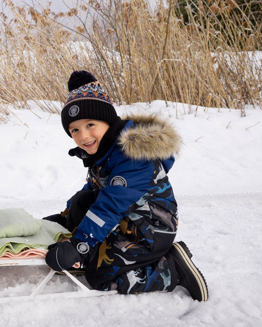 Lined Knit Winter Hat With Pompom Taupe And Navy