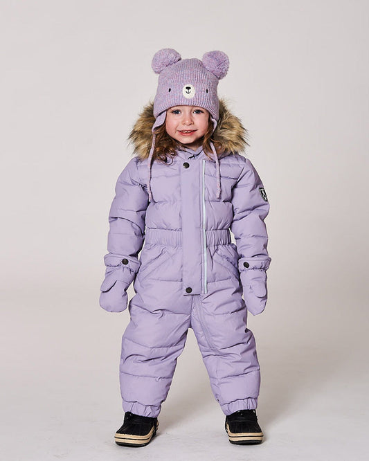 Lined Baby Knit Hat With Pompoms Purple Gray