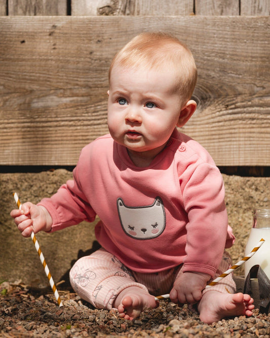 Organic Cotton Pant With Top Set Pink Cat Print