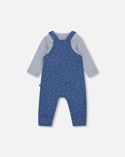 Organic Cotton Onesie And Overalls Set Blue Leaf Print