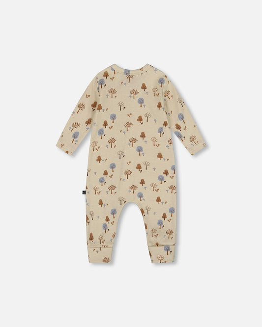 Organic Cotton Zipped Romper Beige Tree Print