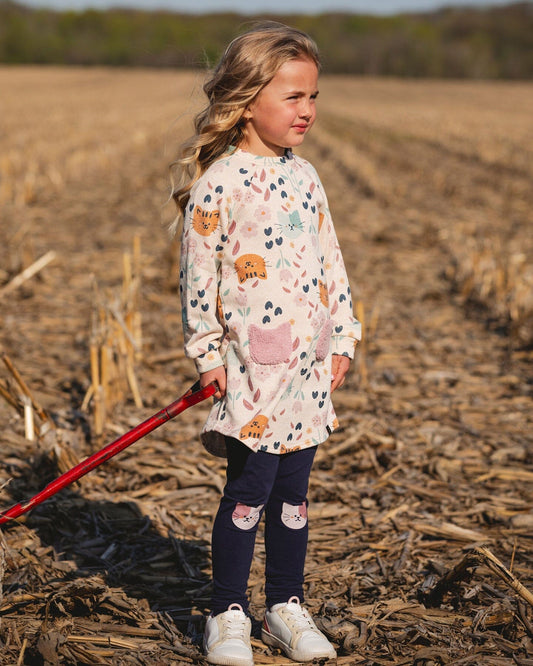 Organic Cotton Jersey Leggings Dark Blue With Cats