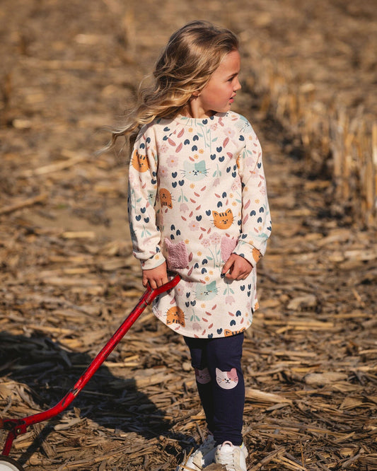 Glittering French Terry Dress Beige Printed Cat