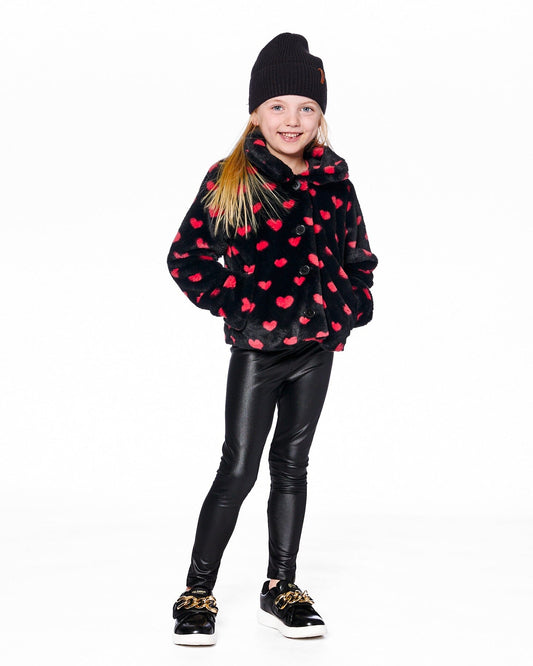 Faux Fur Short Coat Black And Red With Hearts