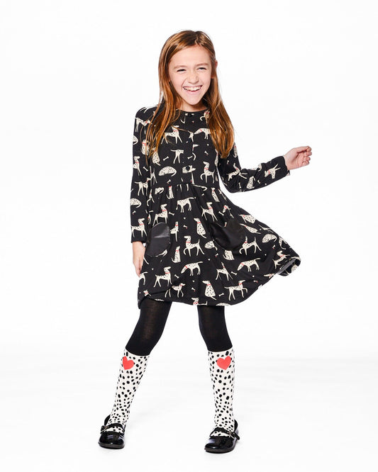 Half Button Jersey Dress Black Dalmatian Print