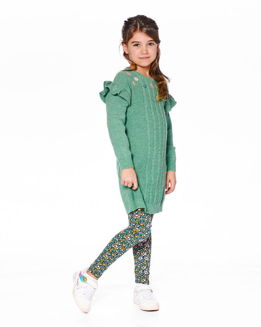 Knitted Dress Sage Green With Ruffles And Floral Embroidery