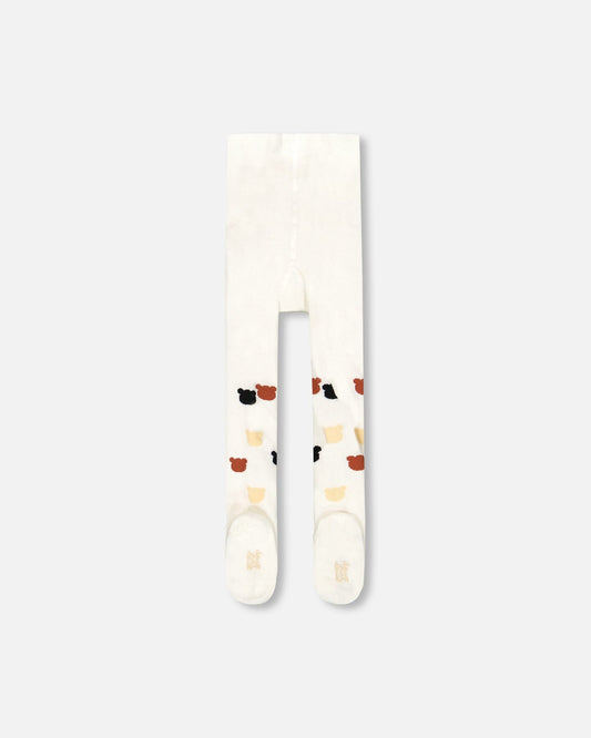 Knit Tights Off-White With Teddy Bear Pattern