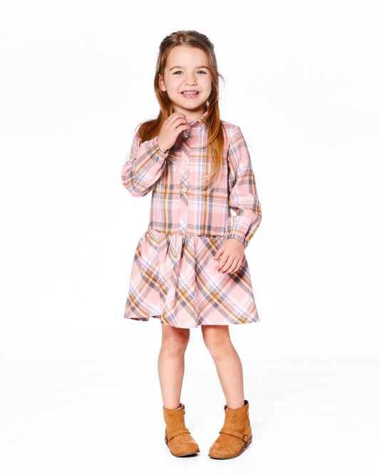 Shirt Plaid Dress With Frill Pink, Yellow And Gray