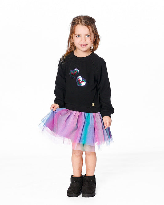 Bi-Material Dress Black With Mesh Skirt