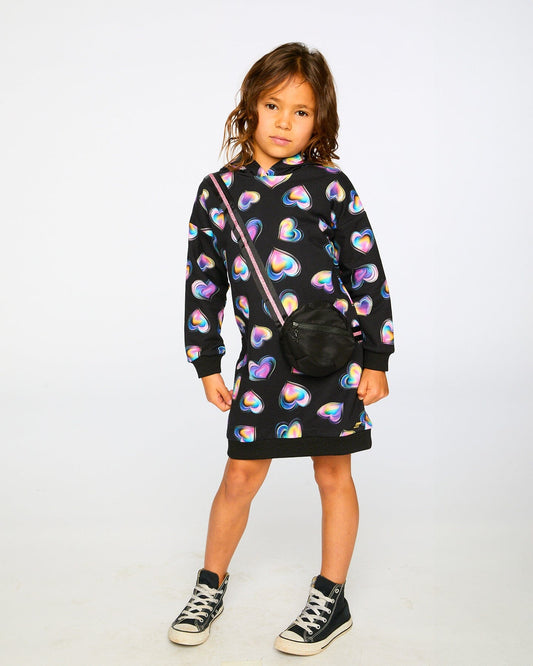 Hooded Fleece Dress Black And Multicolor With Trompe-L’Œil Bag Detail