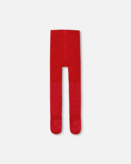 Knit Tights Red With Tone-On-Tone Star Pattern