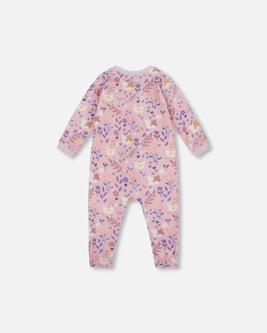 One-Piece Organic Cotton Pajama Lilac Cat Print