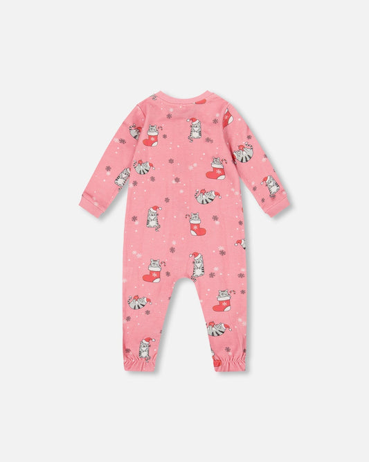 One-Piece Organic Cotton Pajama Pink Cat Print