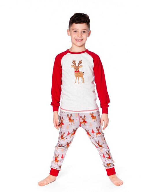 Two-Piece Organic Cotton Pajama Set Beige Reindeer Print