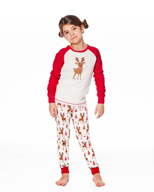 Organic Cotton Two-Piece Pajamas Beige Girly Reindeer Print