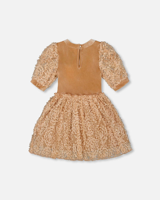 Puff Sleeve Bi-Material Velour And Lace Dress Light Caramel