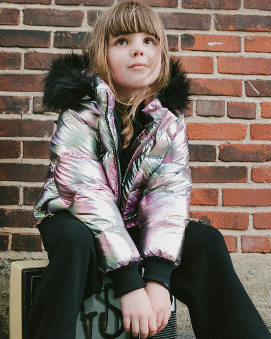 Multicolor Metallic Quilted Bomber-Style Winter Coat